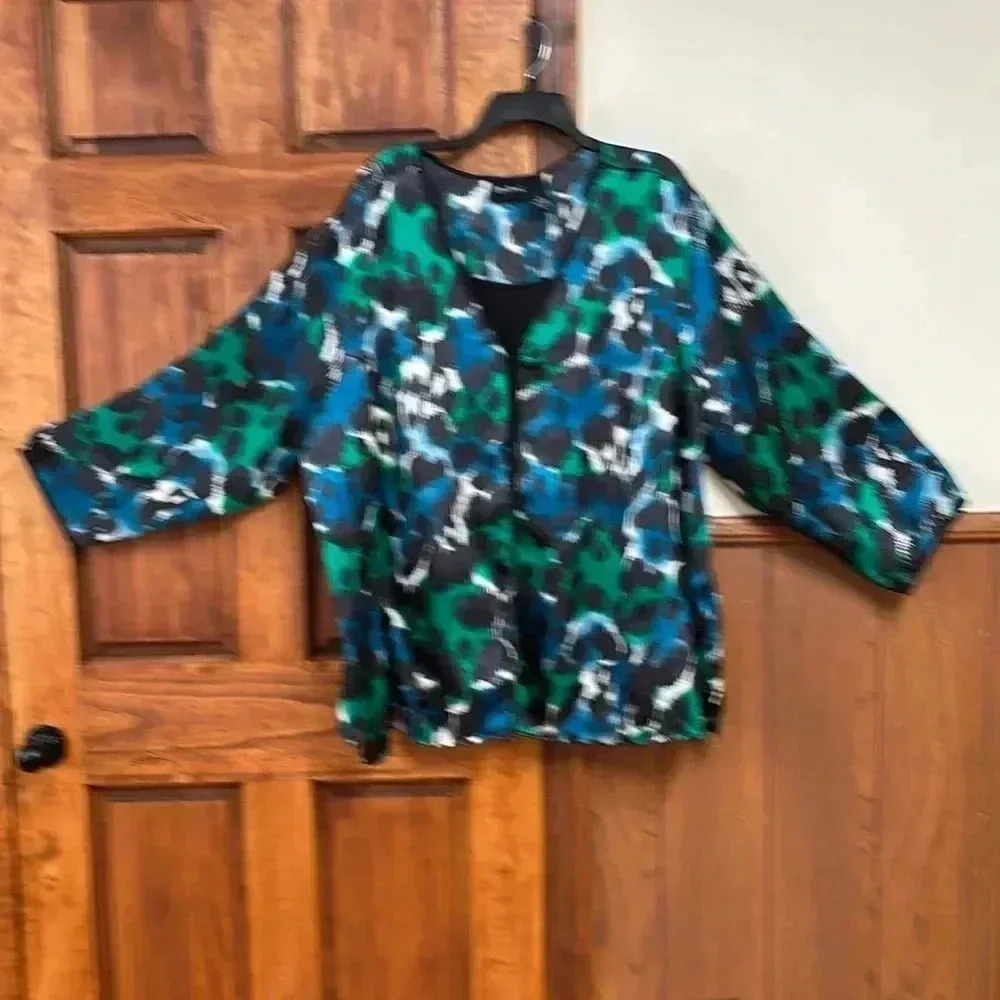 Maggie Barnes W/Black Shell Front Patterned W/Green Black White Teal Design 3X - Picture 7 of 7